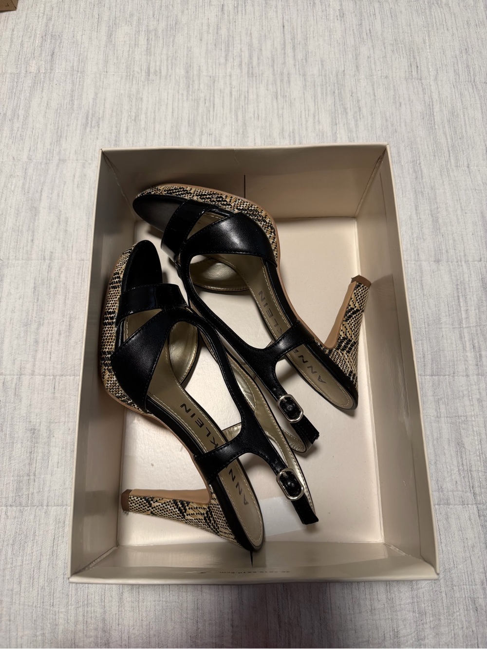 Anne Klein Black & Snake-Print T-Strap Heels